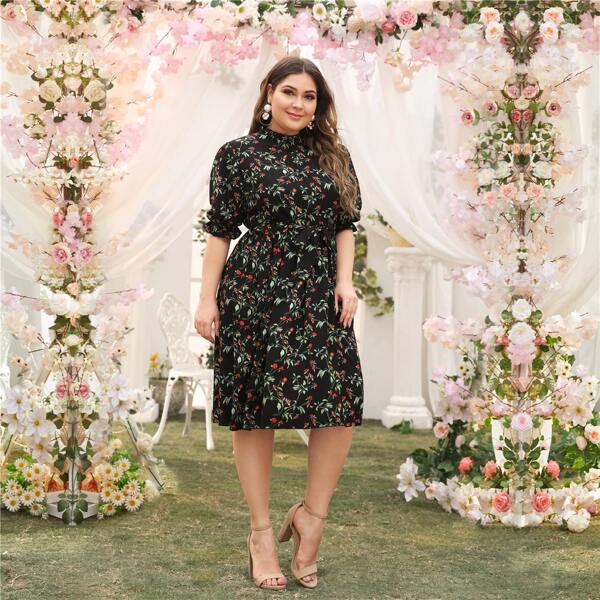 

Plus Mock Neck Ditsy Floral Print Belted Dress, Black