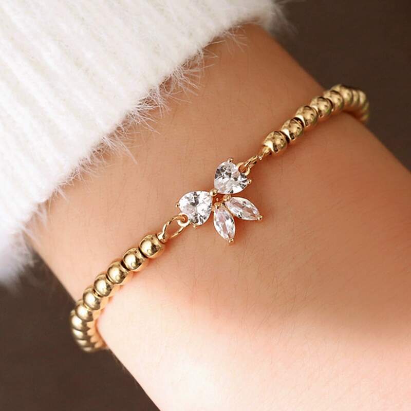 

1pc Bow Knot & Bead Decor Chain Bracelet, Gold