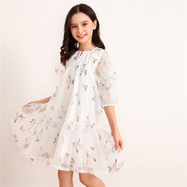 

Girls Puff Sleeve Embroidered Floral Mesh Overlay Dress, White