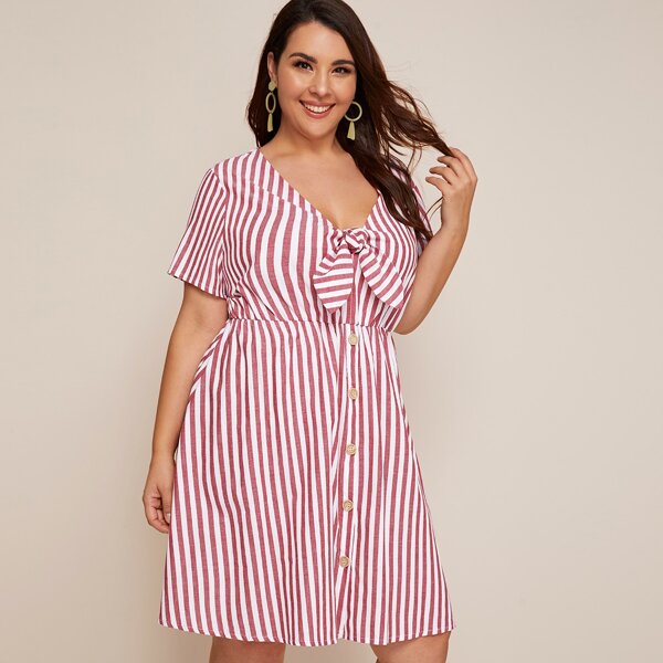 

Plus Striped Tie Front A-line Dress, Red