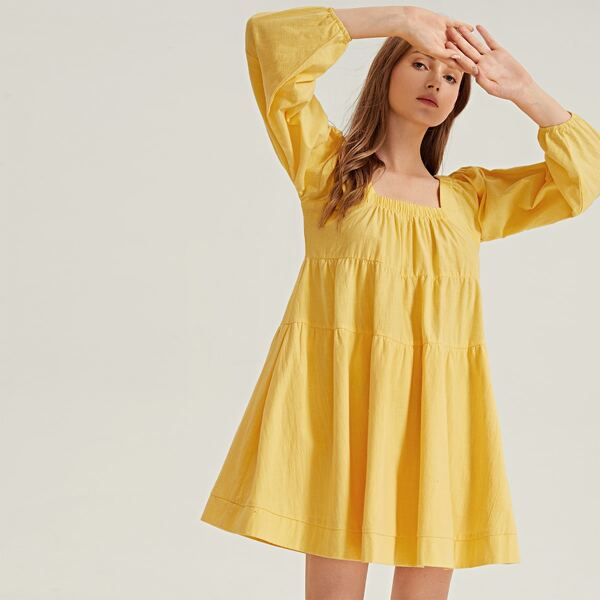 

Bishop Sleeve Solid Smock Dress, Yellow