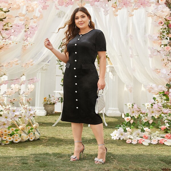 

Plus Button Through Fake Flap Pocket Velvet Fitted Dress, Black