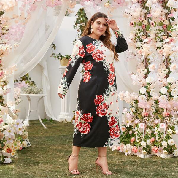 

Plus Floral Print Zip Back Tunic Dress, Multicolor