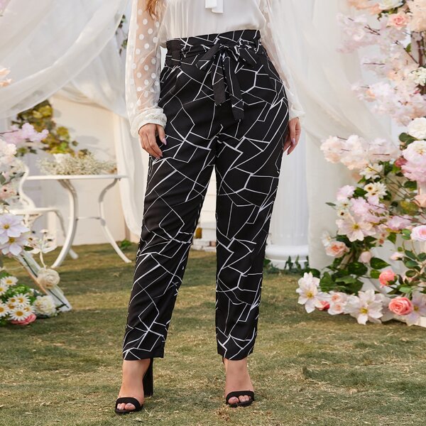 

Plus Geo Print Self Tie Pants, Black