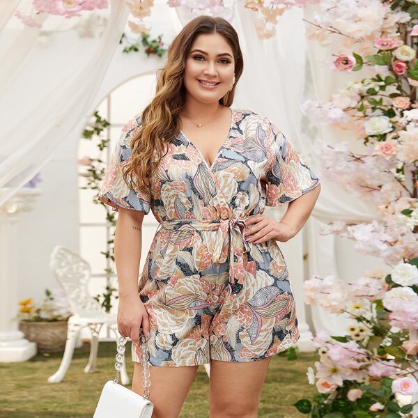

Plus Allover Print Belted Wrap Romper, Multicolor