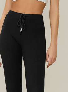 SHEIN EZwear Drawstring Waist Solid Leggings - Black - View 4