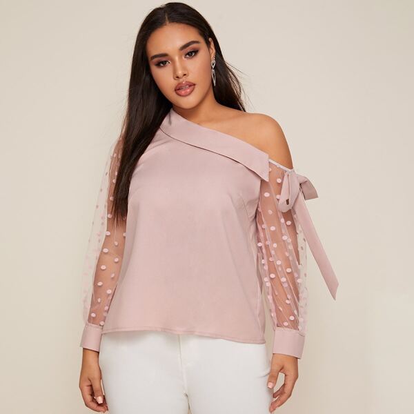 

Plus Asymmetrical Neck Bow Detail Polka Dot Mesh Sleeve Top, Pink pastel