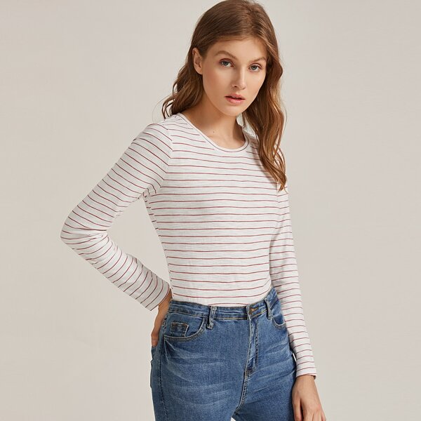 

Premium Curved Hem Striped Tee, White