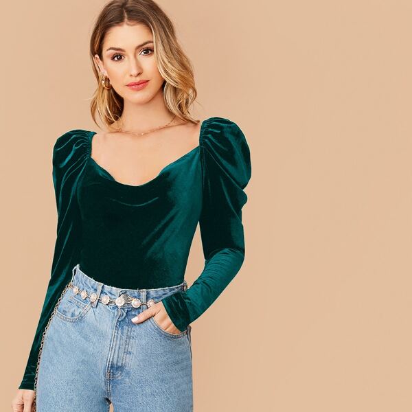 

Draped Neck Leg-of-mutton Sleeve Velvet Top, Green