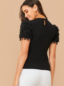 SHEIN Privé Top con cuenta con perla de manga mullida de espalda con abertura de ojo