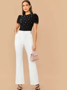 SHEIN Privé Top con cuenta con perla de manga mullida de espalda con abertura de ojo