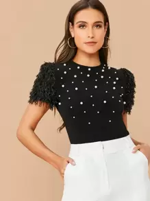 SHEIN Privé Top con cuenta con perla de manga mullida de espalda con abertura de ojo