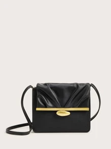 Mini Ruched Detail Flap Crossbody Bag - Black - View 1