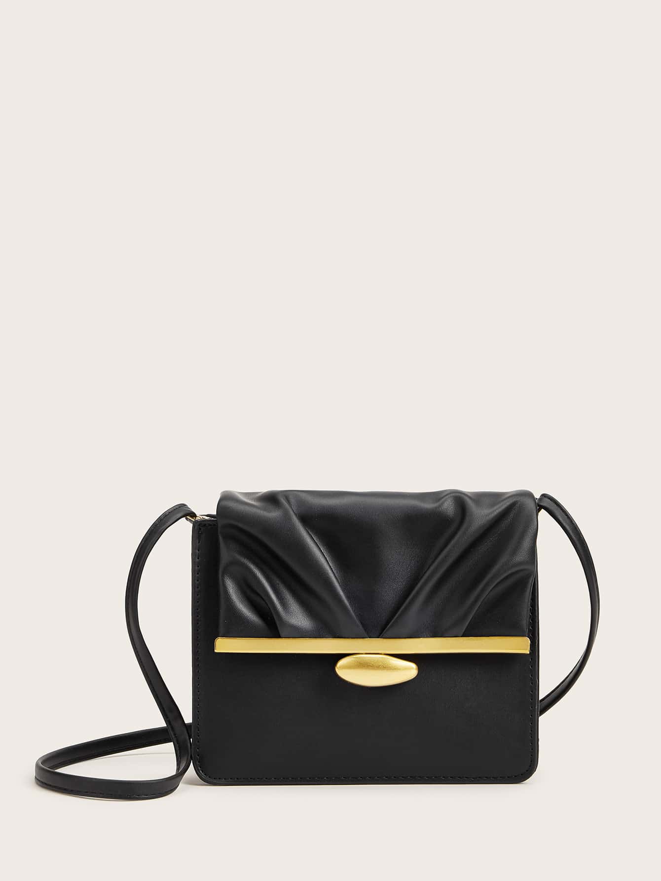 Mini Ruched Detail Flap Crossbody Bag - Black - View 1