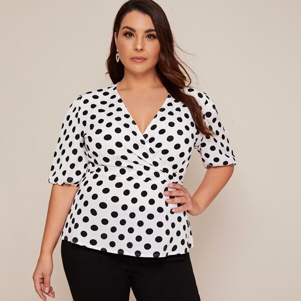 

Plus Polka Dot Surplice Neck Blouse, Black and white