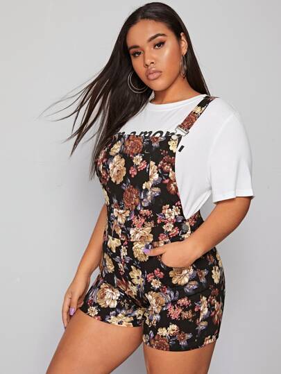 Plus Floral Print Pocket Denim Overall