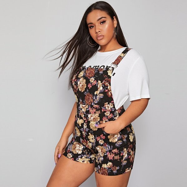 

Plus Floral Print Pocket Denim Overall, Multicolor