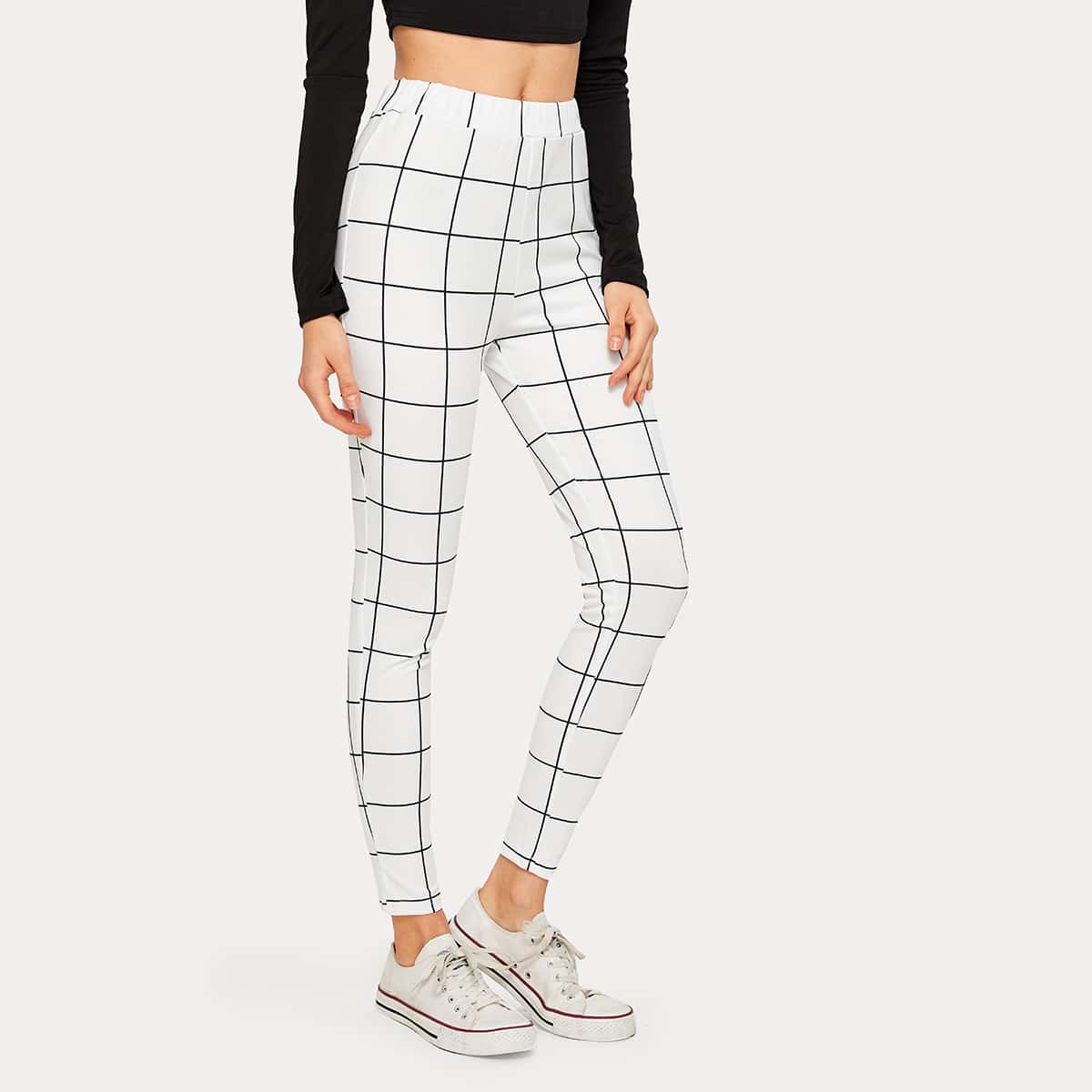 

Elastic Waist Grid Leggings, White