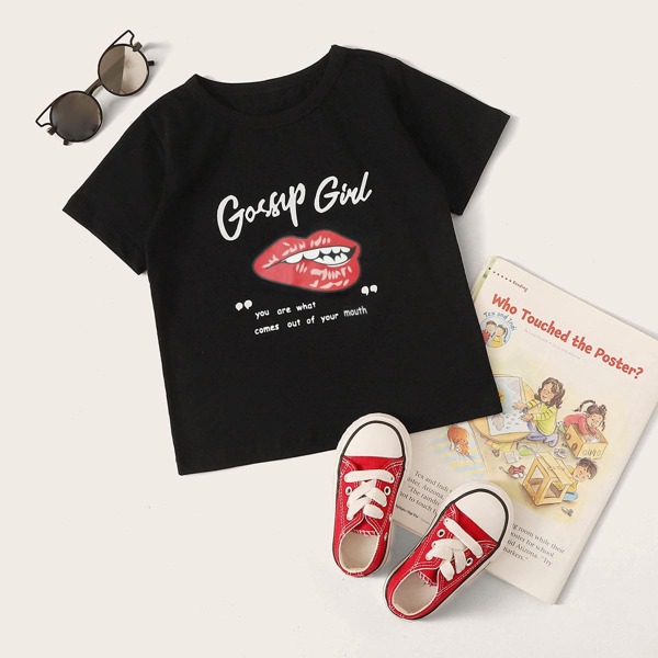 

Toddler Girls Lip & Slogan Graphic Tee, Black