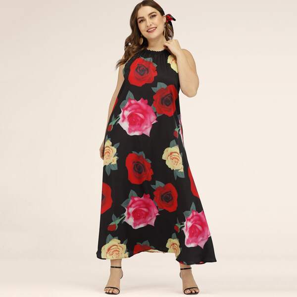 

Plus Large Floral Open Back Halter Dress, Multicolor