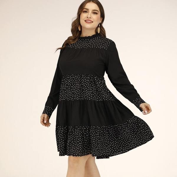 

Plus Polka Dot Frill Neck Smock Dress, Black