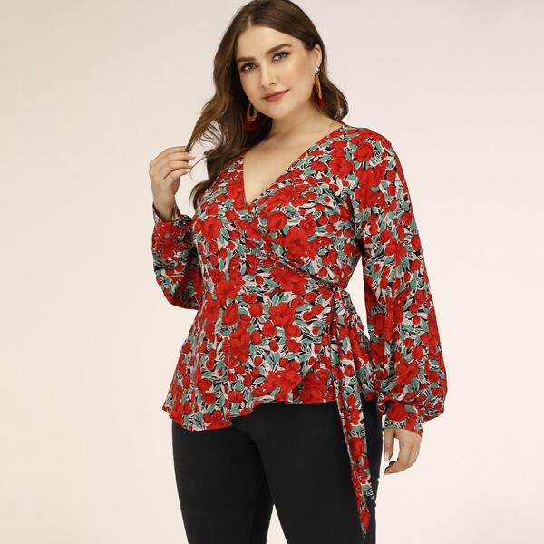

Plus Floral Print Knot Side Wrap Blouse, Red