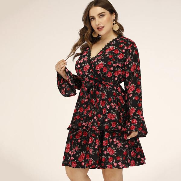 

Plus Lace Trim Floral Print Layered Belted Dress, Black