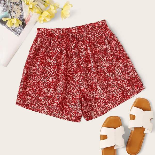 

Paperbag Waist Drawstring Ditsy Floral Shorts, Red