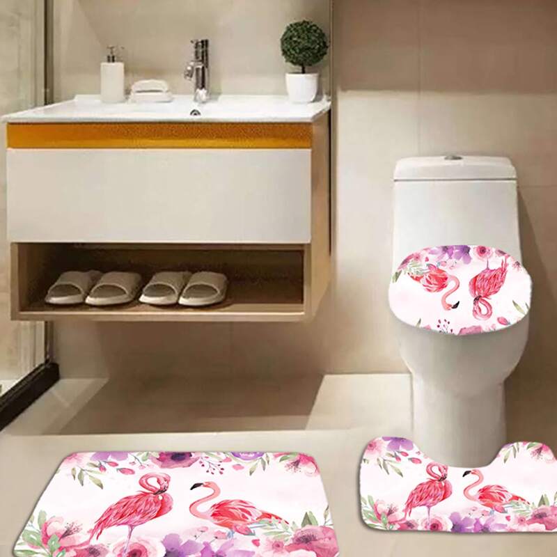 

3pcs Flamingo Print Bath Mat & Closestool Lid Cover Set, Pink
