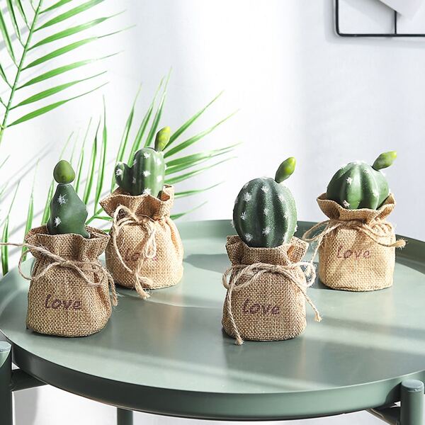 

1pc Artificial Cactus Linen Potted Plant, Green