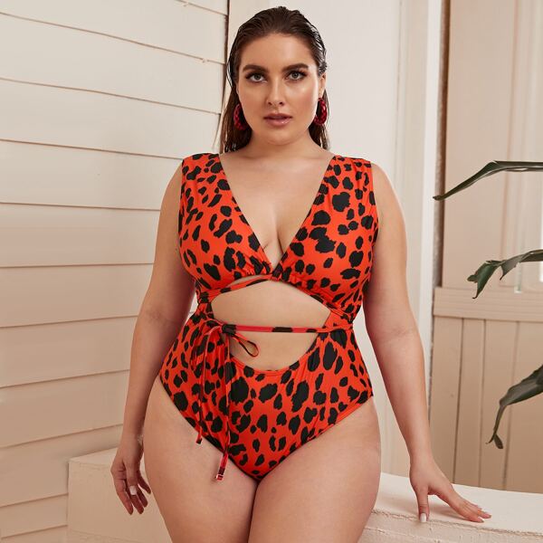 

Plus Leopard Tie Front Monokini Swimsuit, Red