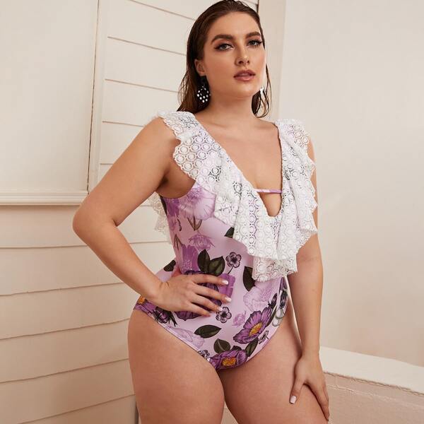 

Plus Floral Print Ruffle Trim One Piece Swimwear, Multicolor
