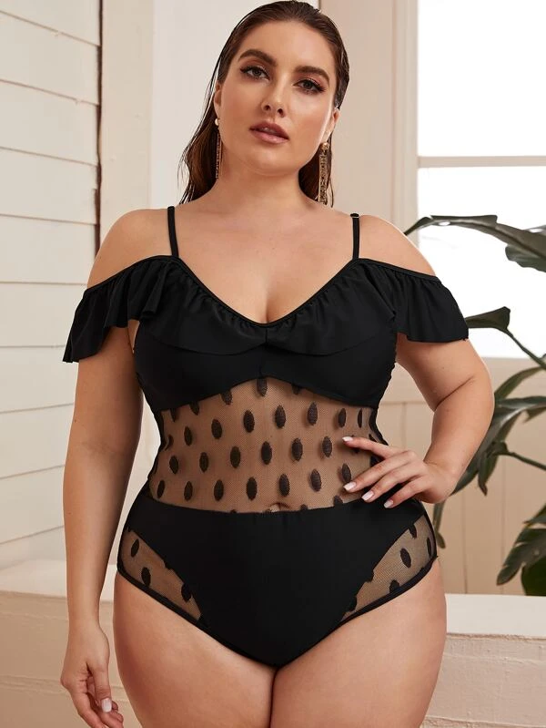 Plus Polka Dot Contrast Mesh One Piece Swimsuit Shein Usa