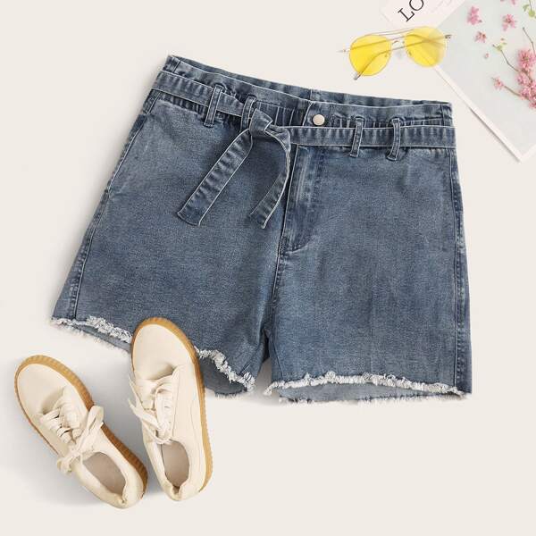 

Plus Raw Hem Pocket Back Belted Denim Shorts, Blue