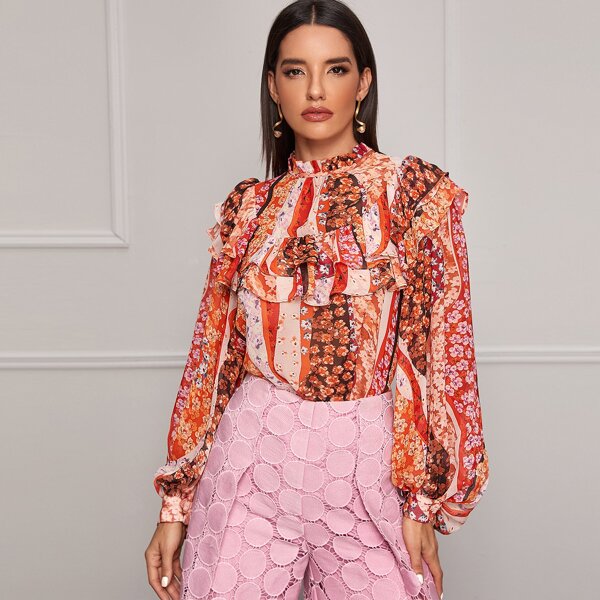 

Layered Ruffle Color Block Floral Top, Multicolor