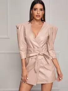 SHEIN 羊腿袖圍裹人造皮革洋裝帶腰帶