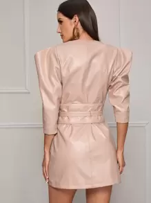 SHEIN 羊腿袖圍裹人造皮革洋裝帶腰帶