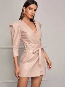 SHEIN 羊腿袖圍裹人造皮革洋裝帶腰帶