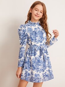 SHEIN Rochie pentru fete, cu mânecă gigot, cu centură peisaj