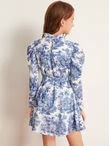 SHEIN Rochie pentru fete, cu mânecă gigot, cu centură peisaj