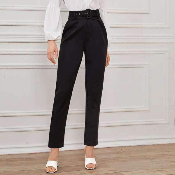 

Solid Eyelet Buckle Belted Tailored Pants, Black