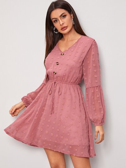 Swiss Dot Drawstring Waist Dress