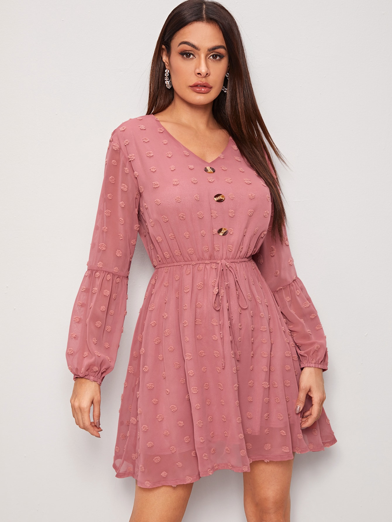 Swiss Dot Drawstring Waist Dress pictures