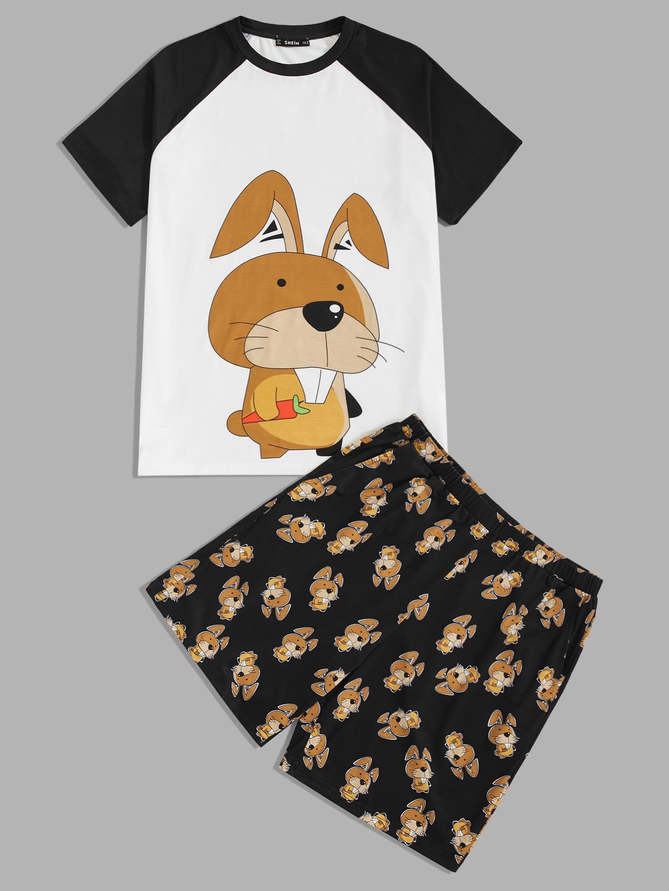 SHEIN Conjunto de pijama de hombres camiseta de manga raglán con estampado de conejo con shorts - Multicolor - Ver 1