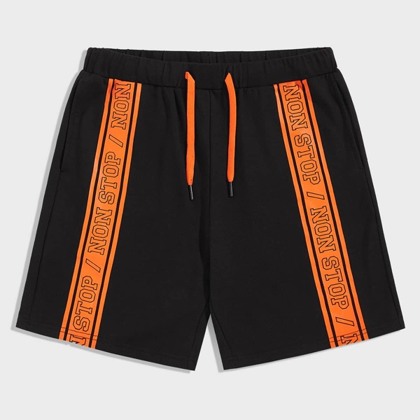 

Men Contrast Neon Panel Slogan Graphic Track Shorts, Black