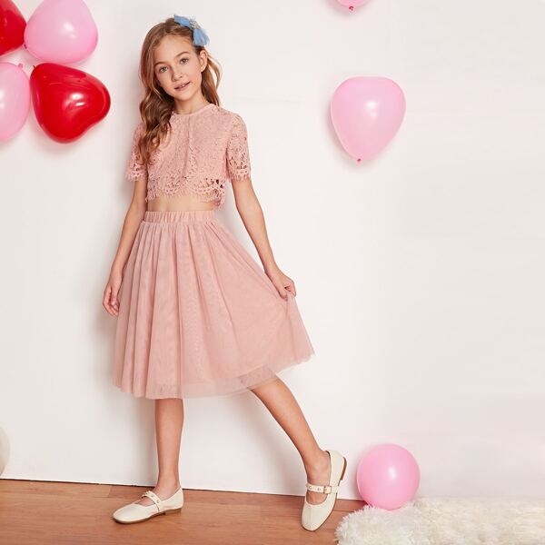 

Girls Zip Back Lace Overlay Top and Mesh Skirt Set, Pink pastel