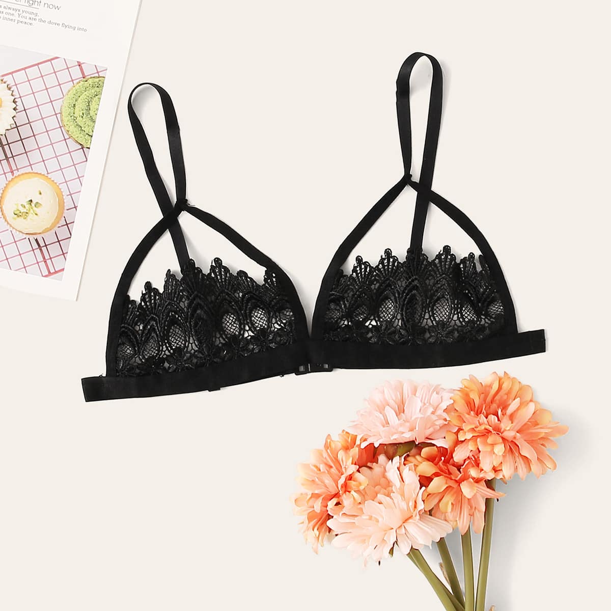 

Floral Lace Harness Bralette, Black