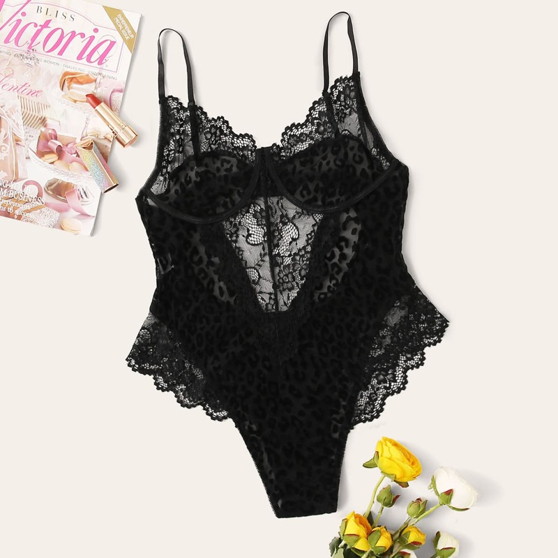 

Floral Lace Leopard Teddy Bodysuit, Black