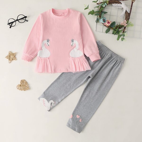 

Toddler Girls Mesh Panel Swan Print Tee With Leggings, Multicolor