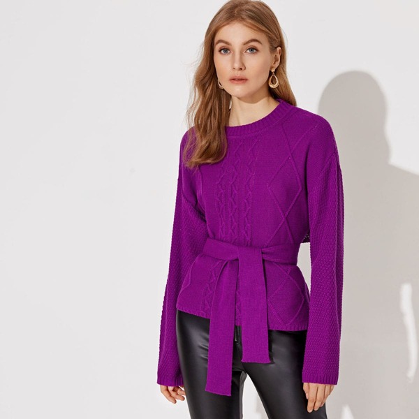 

Tie Back Stepped Hem Cable Knit Sweater, Purple